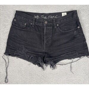 We The Free Shorts Denim Women 28 Black Distress-Fray Hem-Button Fly Cotton